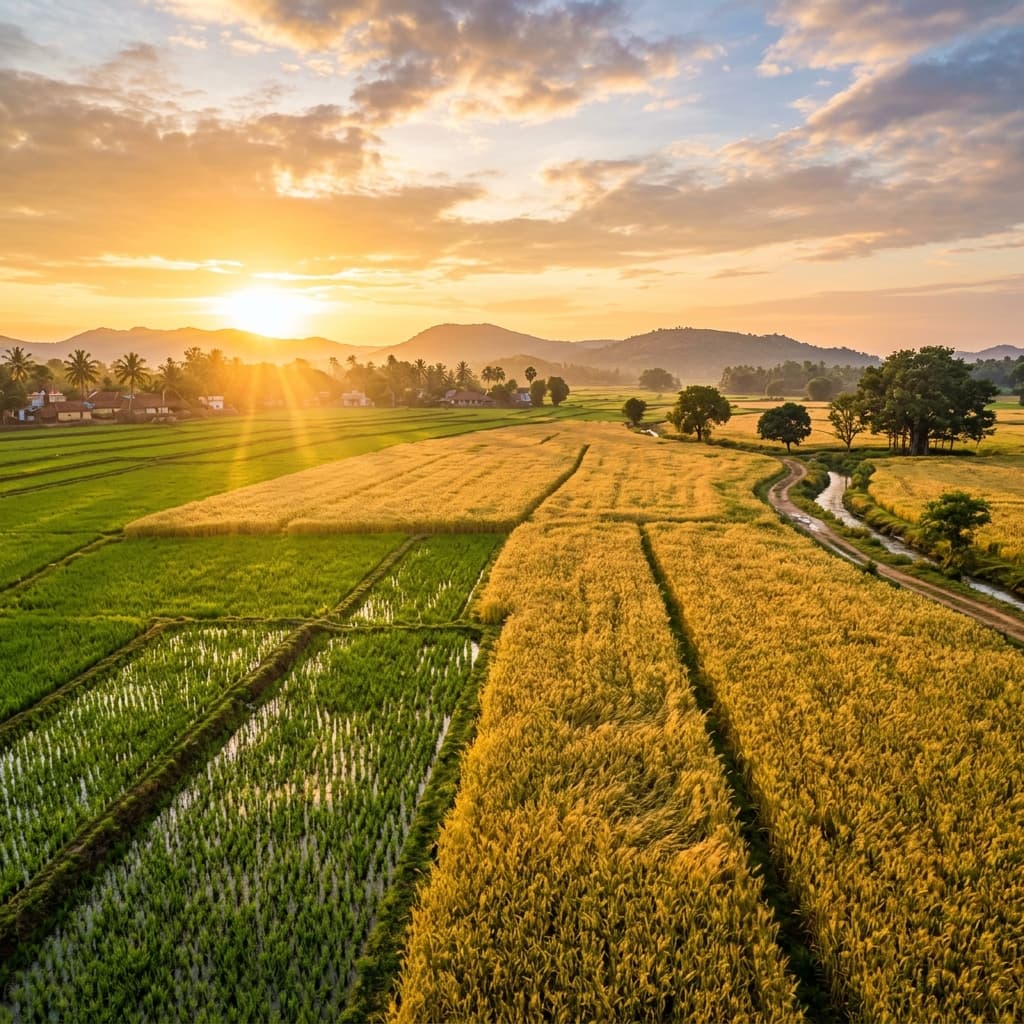 Golden agricultural fields at sunrise